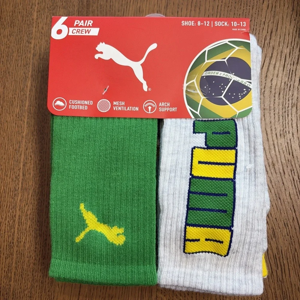 PUMA Men's World Cup Soccer Crew Socks Brasil Brazil - Shoe Size 8-12 - 6 Pair